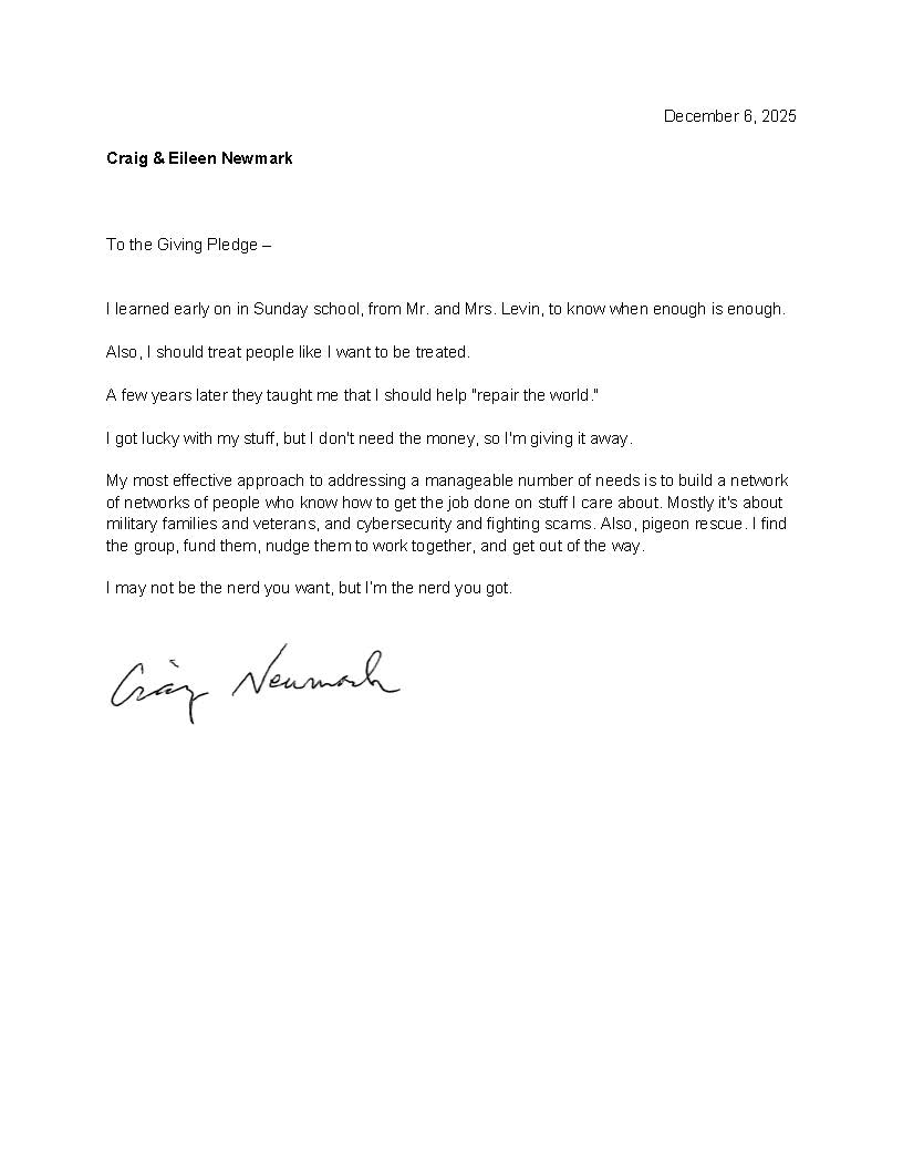 Craig Newmark's pledger letter