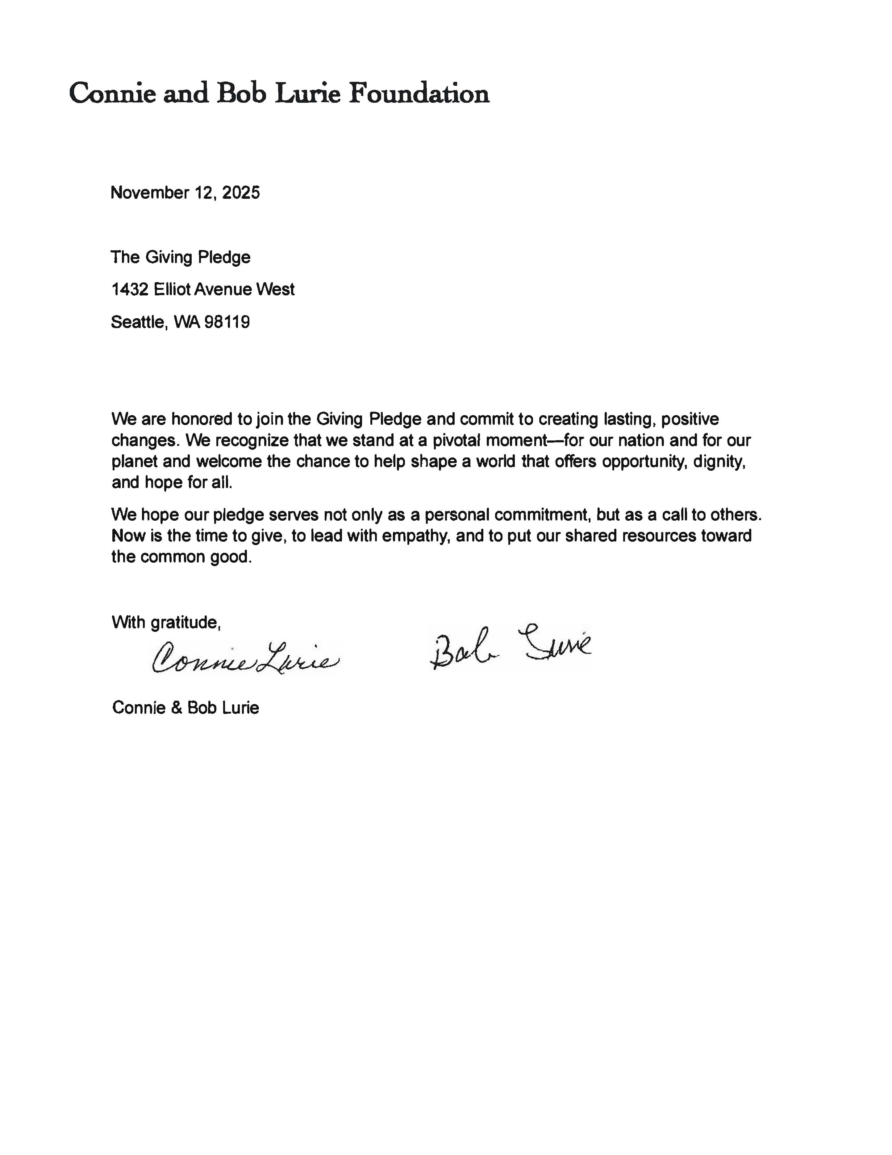 Connie and Bob Lurie Pledge Letter